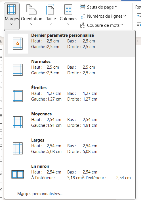Menu Marges dans Word